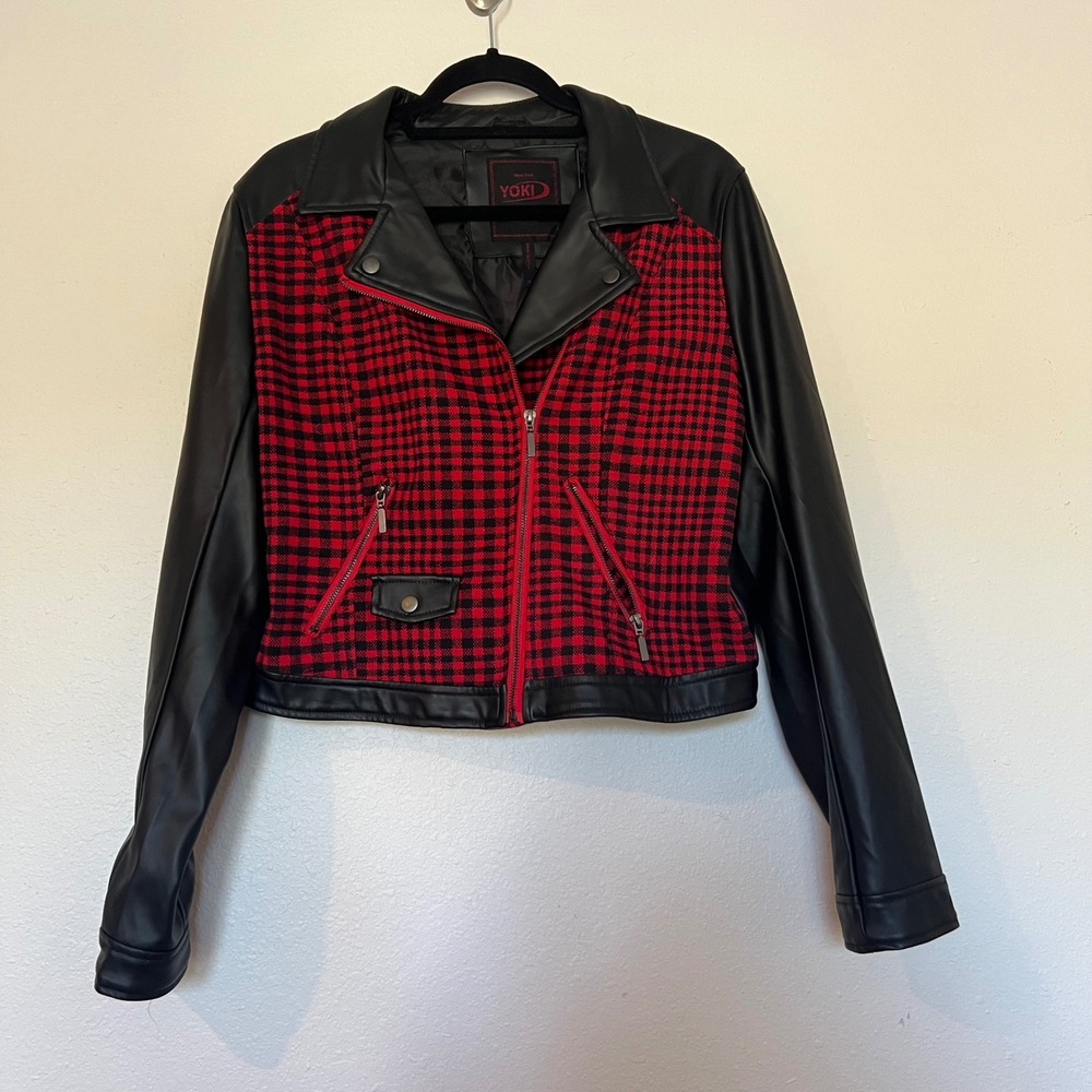 Yoki New York Womens XL Moto Jacket Red Black Plaid Faux Leather Mixed Media
